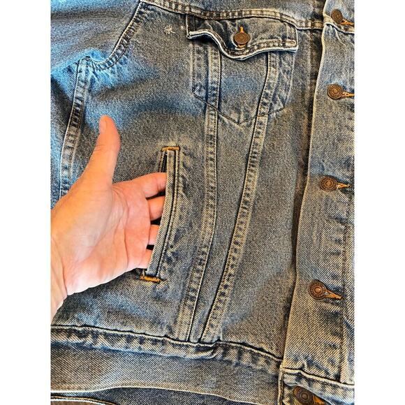VTG Levi’s Plaid Lined Blue Jean Trucker Jacket Men Medium Grunge Neutral Flaw - Picture 12 of 16